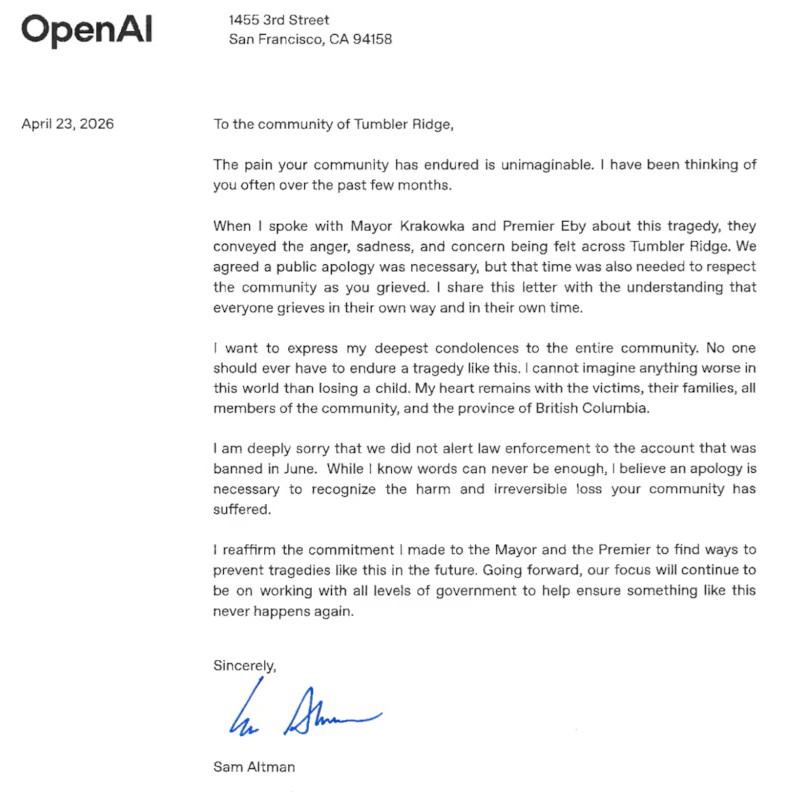 Sam Altman 致 Tumbler Ridge 社區的公開信，2026 年 4 月 23 日