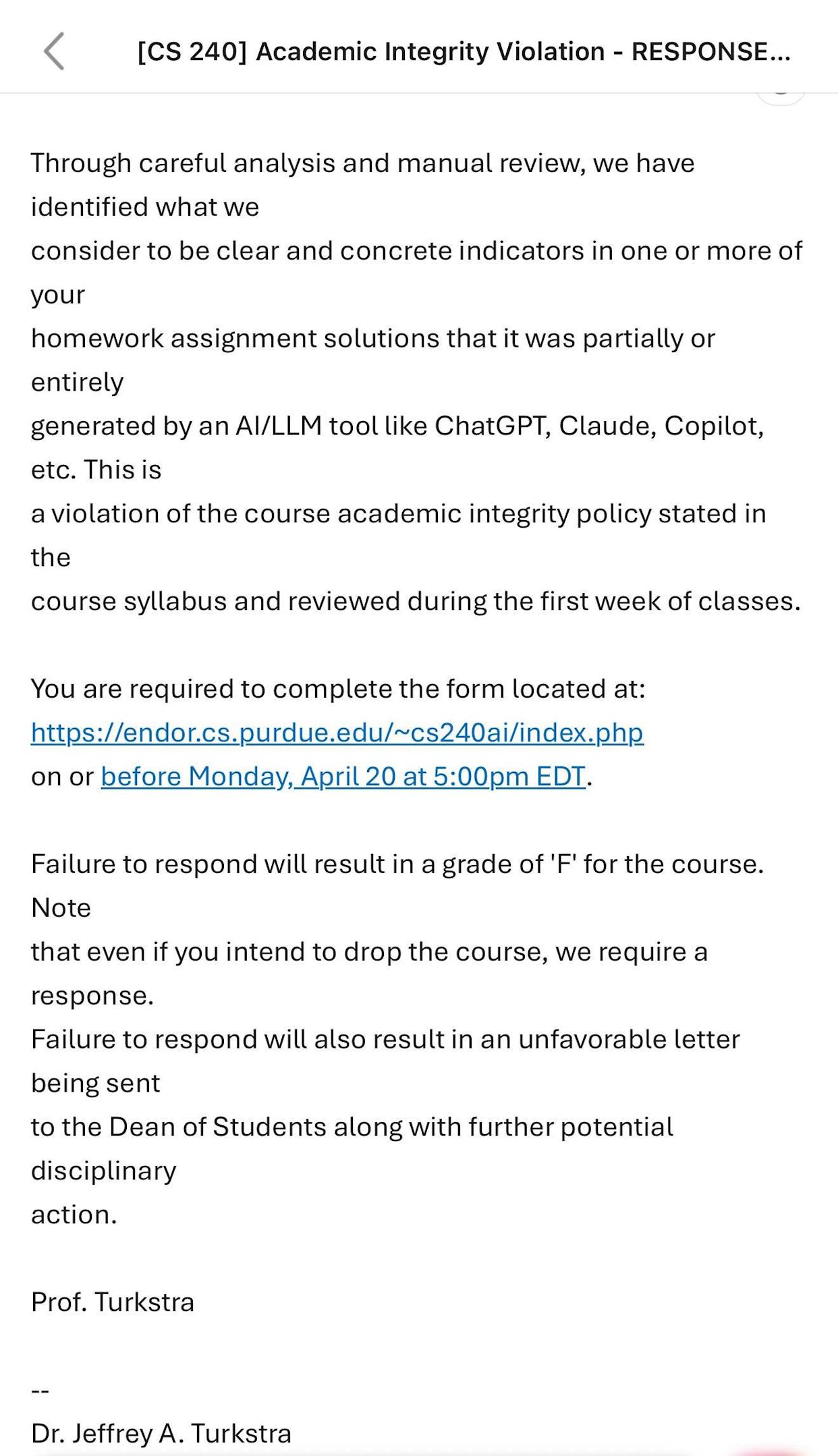 Turkstra 寄給學生的 email 截圖，主旨 [CS 240] Academic Integrity Violation